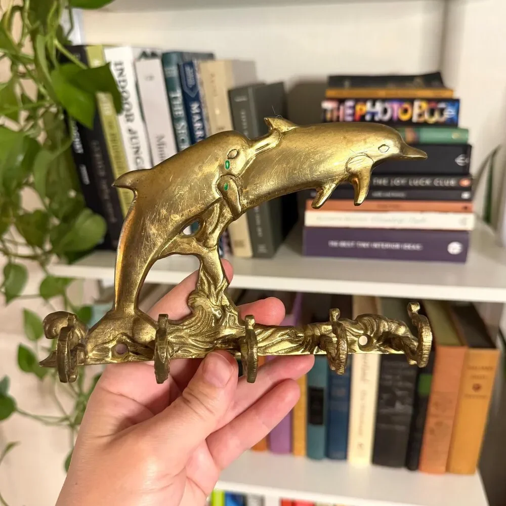 Vintage Solid Brass Dolphin Key Hook Rack / Coastal Nautical Wall Decor